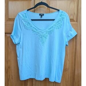 Talbots Women's T Shirt Size 2X Ribbon Scrolls on Neckline Blue Short Sleeves